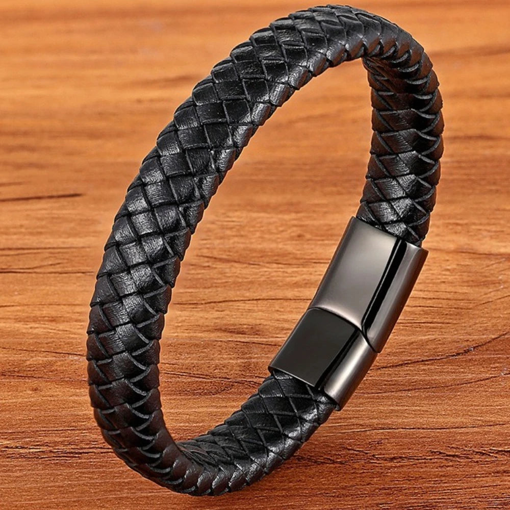 Flätat läderarmband för herr – rostfritt stål och geometrisk design