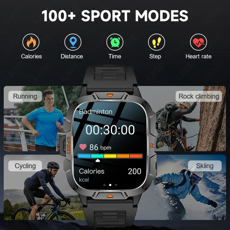 LIGE Rugged Military Smartwatch 1.96” – Bluetooth & ficklampa
