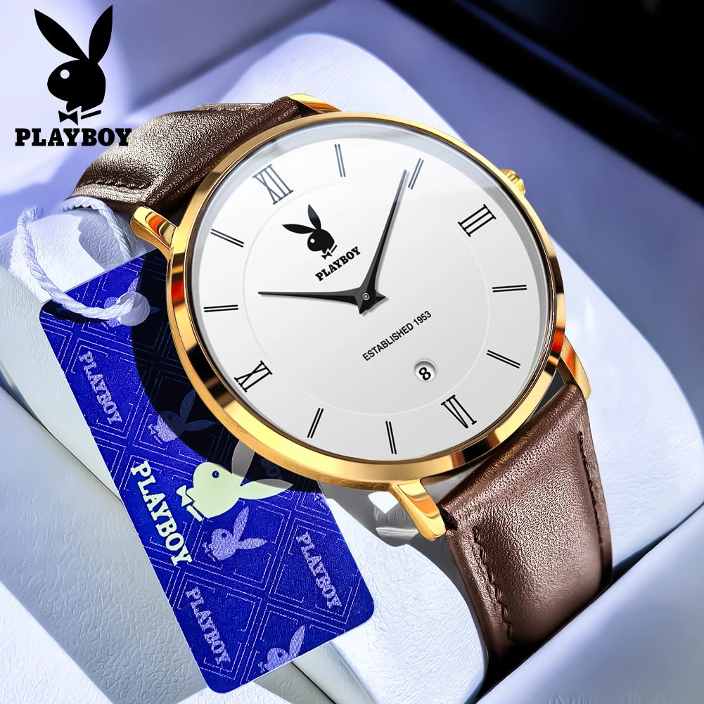 PLAYBOY Herrklocka – stilren kvartsklocka med läderarmband