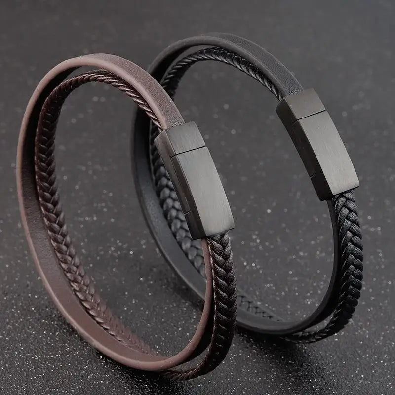 Läderarmband herr – flätat armband i dubbel design