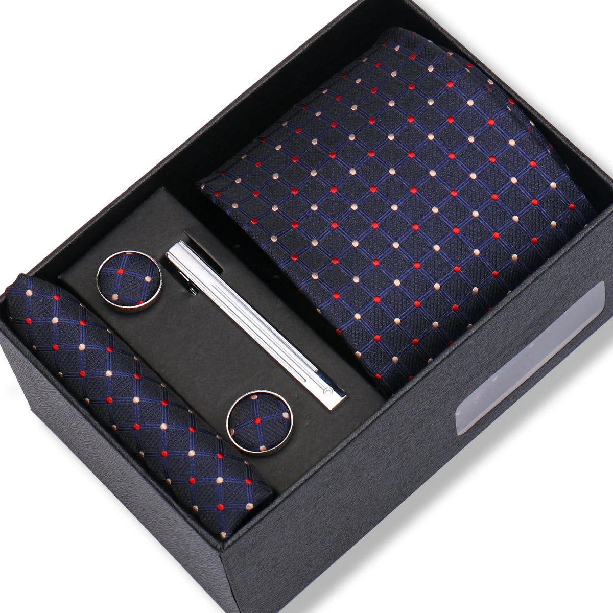 Slipsset herr 8 cm – jacquard slips, näsduk, manschettknappar & slipsnål