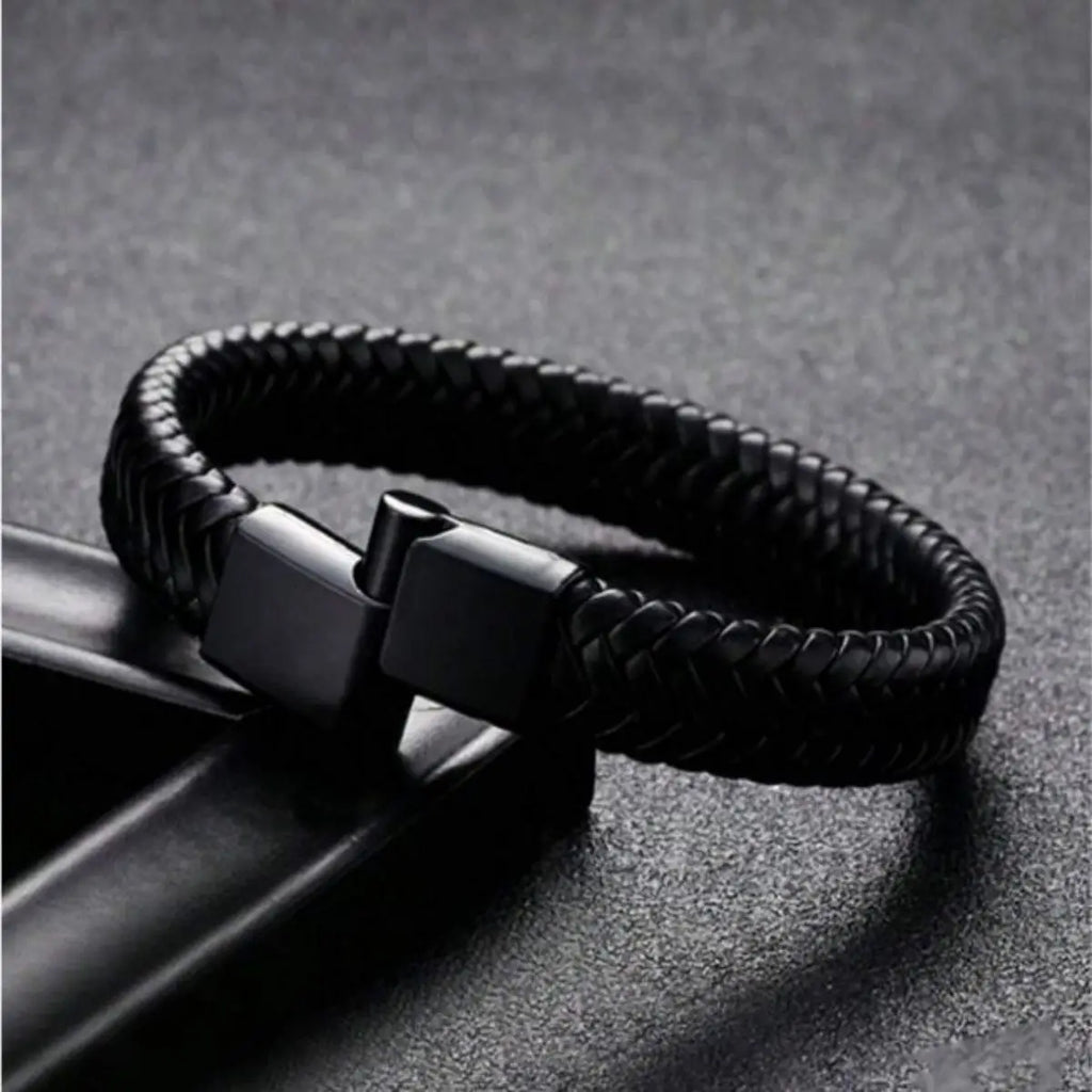 Retro läderarmband för män – Flätat läder, svart