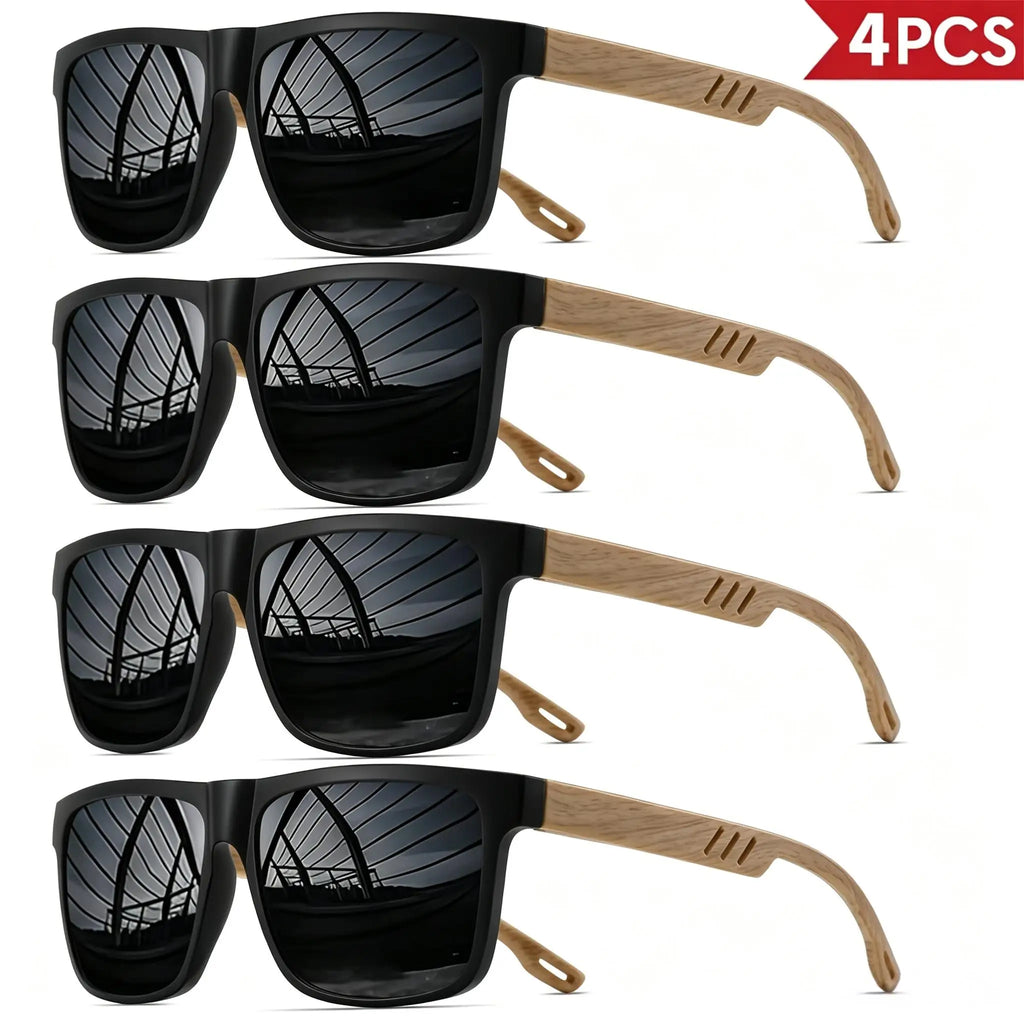 4-pack Solglasögon Trälook – Retro Fyrkantiga Unisex