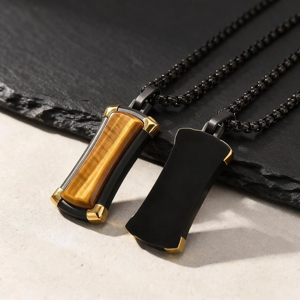 Dog tag halsband herr – svart stål & tigeröga