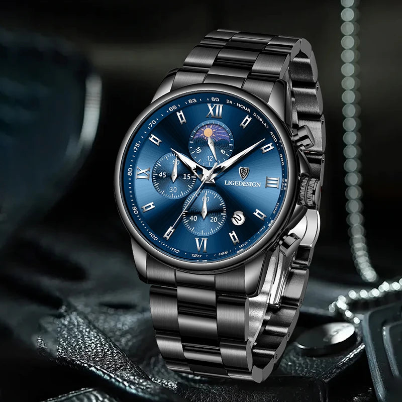 LIGE herrklocka i stål med datum, månfas och vattentålig design