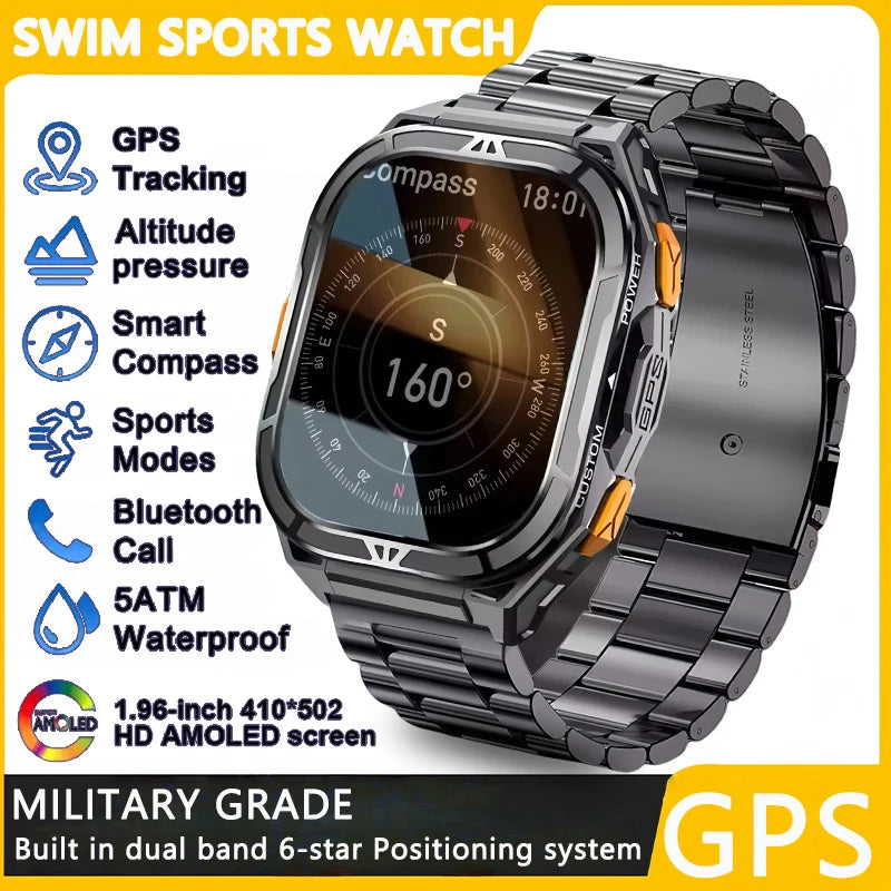 GPS Smartwatch Militärstil – 1.96” AMOLED & 10ATM vattentät