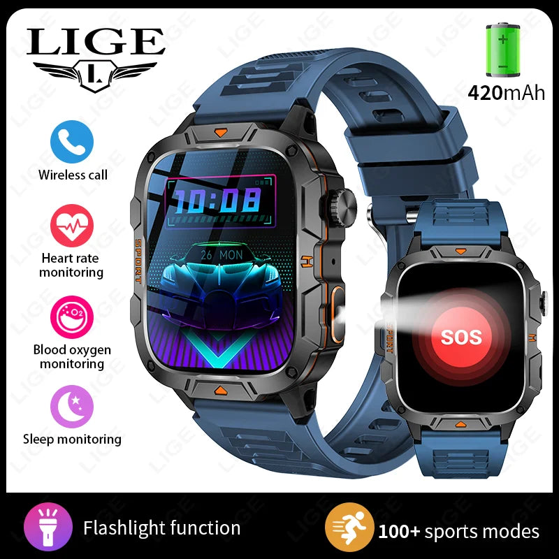 LIGE Rugged Military Smartwatch 1.96” – Bluetooth & ficklampa