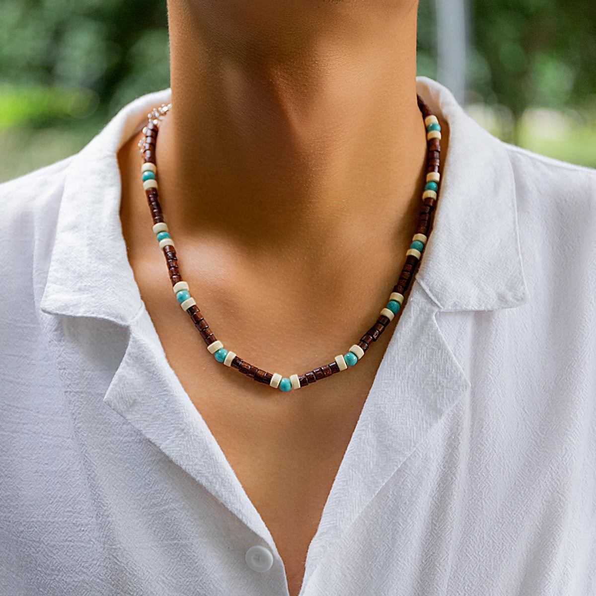 Träpärlhalsband herr – kort choker med vintagekänsla