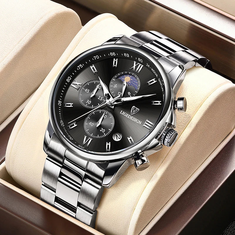 LIGE herrklocka i stål med datum, månfas och vattentålig design