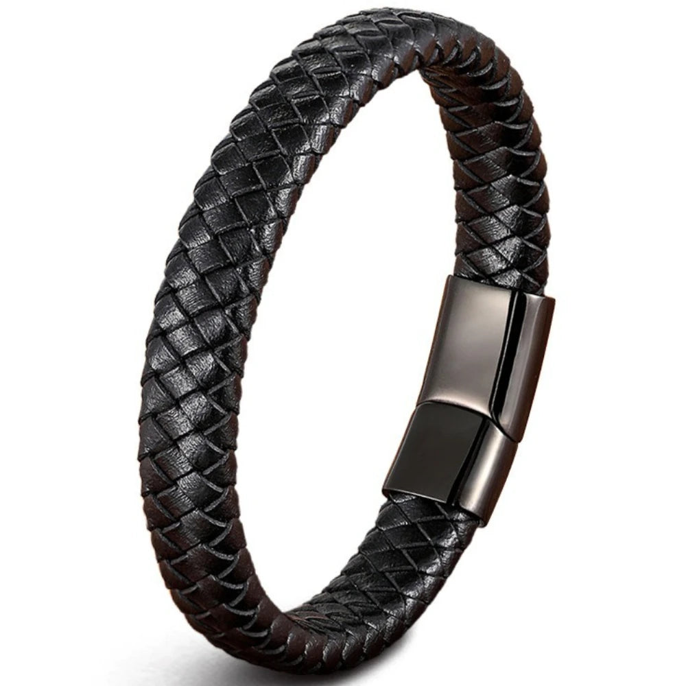 Flätat läderarmband för herr – rostfritt stål och geometrisk design