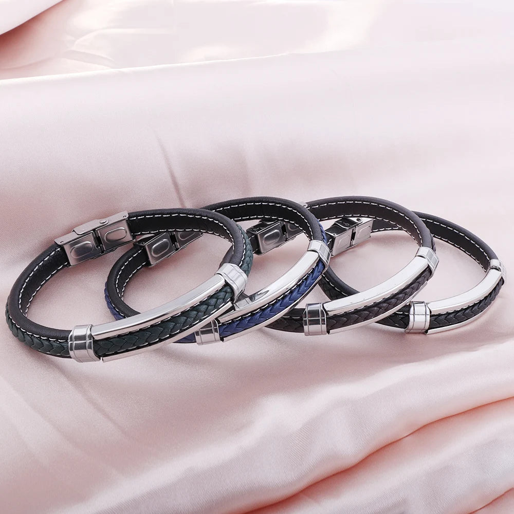 Läderarmband herr multilayer – svart armband i rostfritt stål