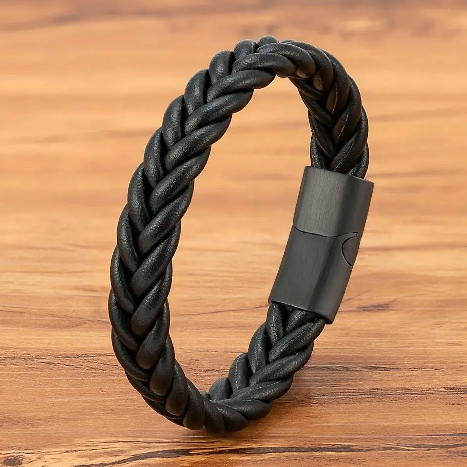 Flätat läderarmband för män med magnetlås – Rostfritt stål