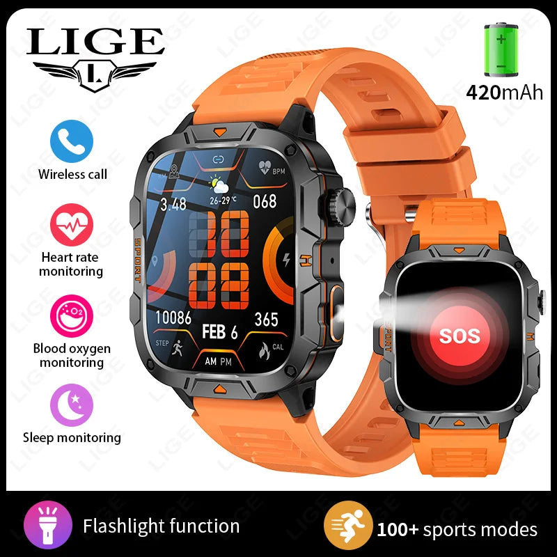 LIGE Rugged Military Smartwatch 1.96” – Bluetooth & ficklampa
