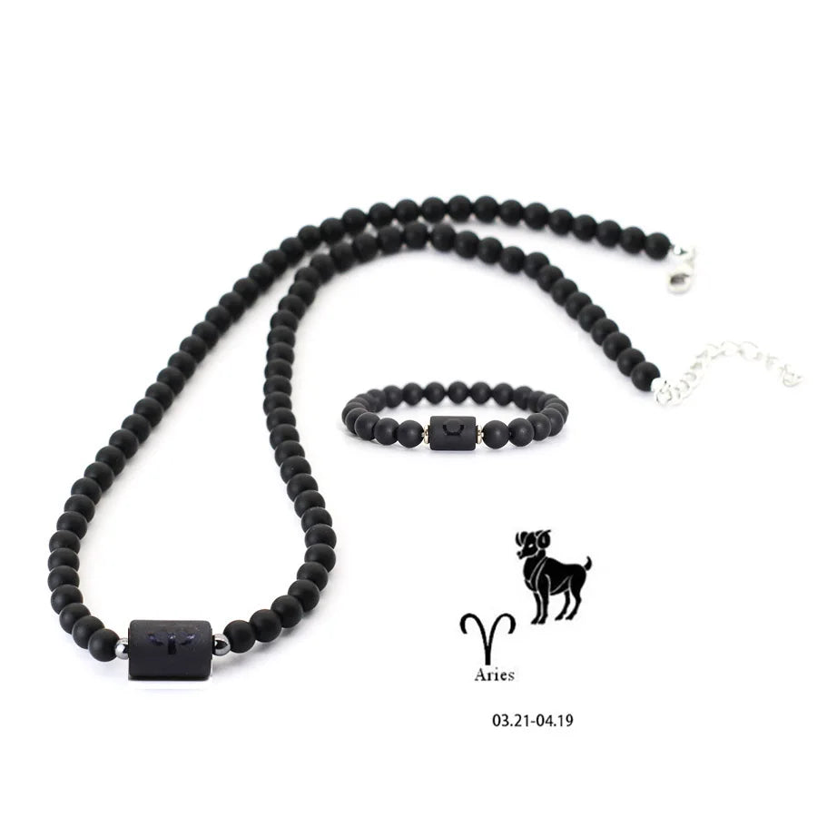 Stenpärlhalsband herr – svart onyx & stjärntecken