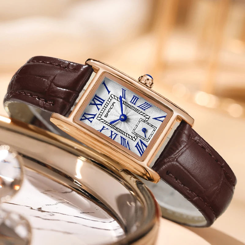 Rektangulär damklocka med läderarmband – Elegant quartzklocka