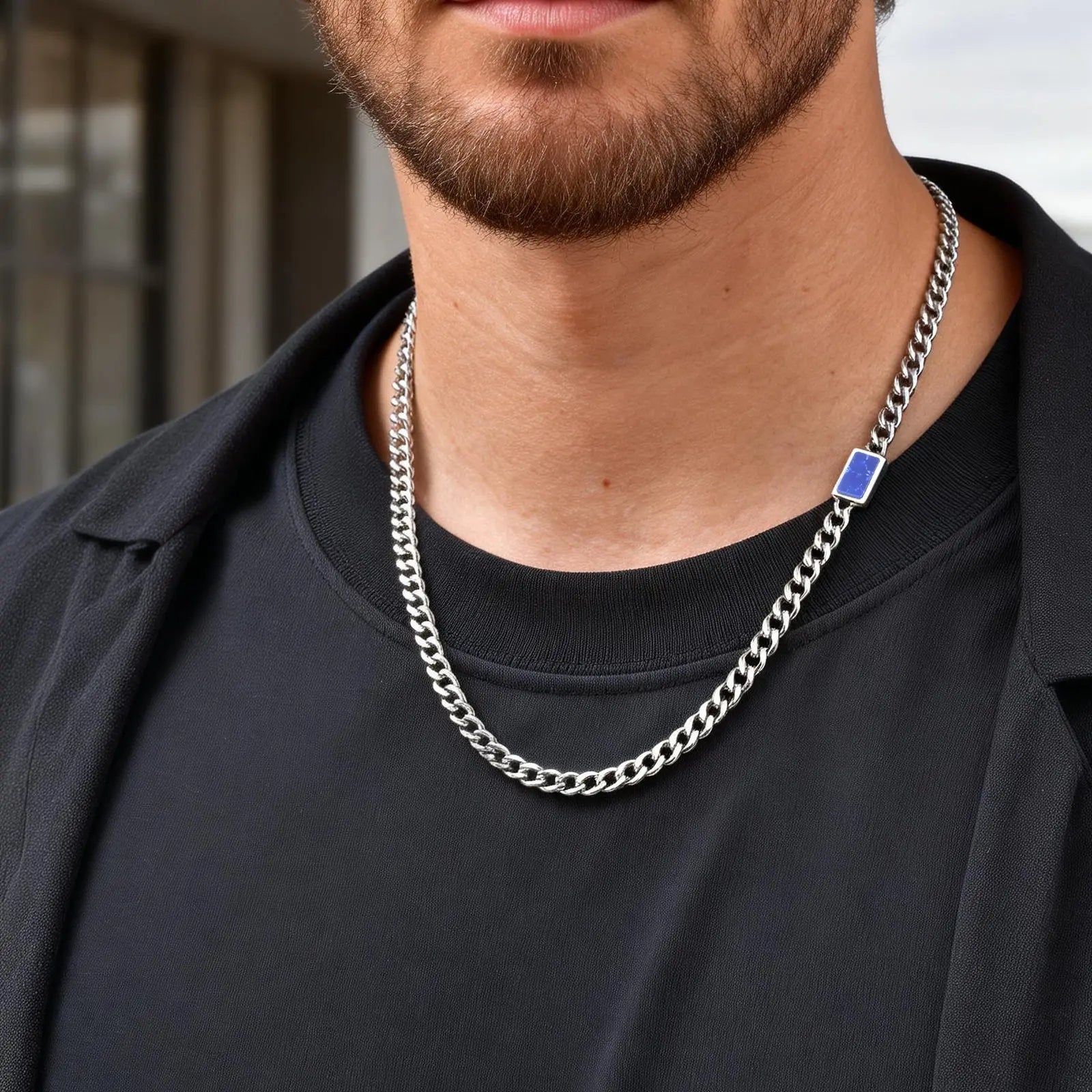 Halsband med natursten – fyrkantigt hänge i tigeröga/lapis lazuli