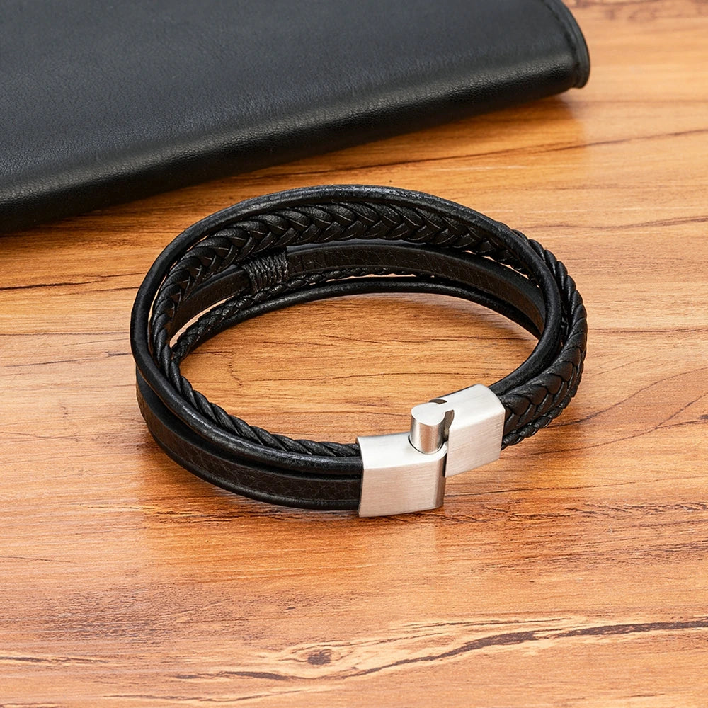 Flätat läderarmband för herr – multilager med rostfritt stål