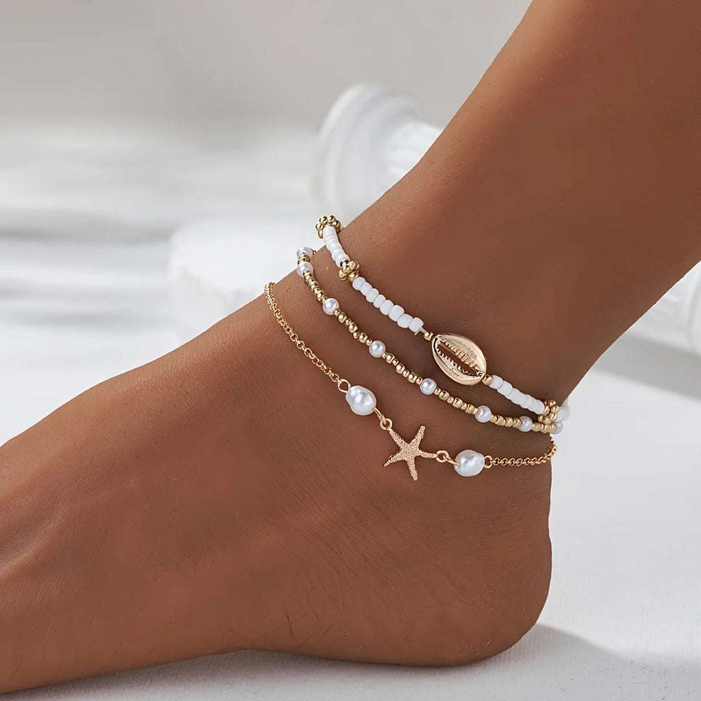 Fotlänk dam boho – snäckor, sjöstjärna och pärlor