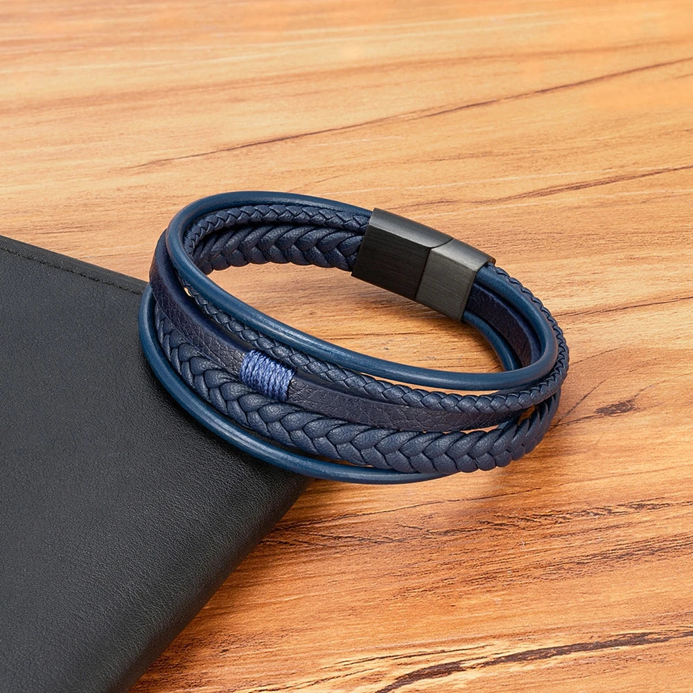 Flätat läderarmband för herr – multilager med rostfritt stål