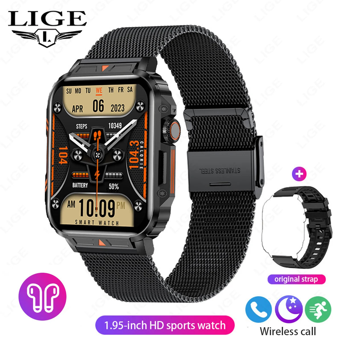 LIGE Smartwatch 1.95” – Bluetooth-samtal & fitness