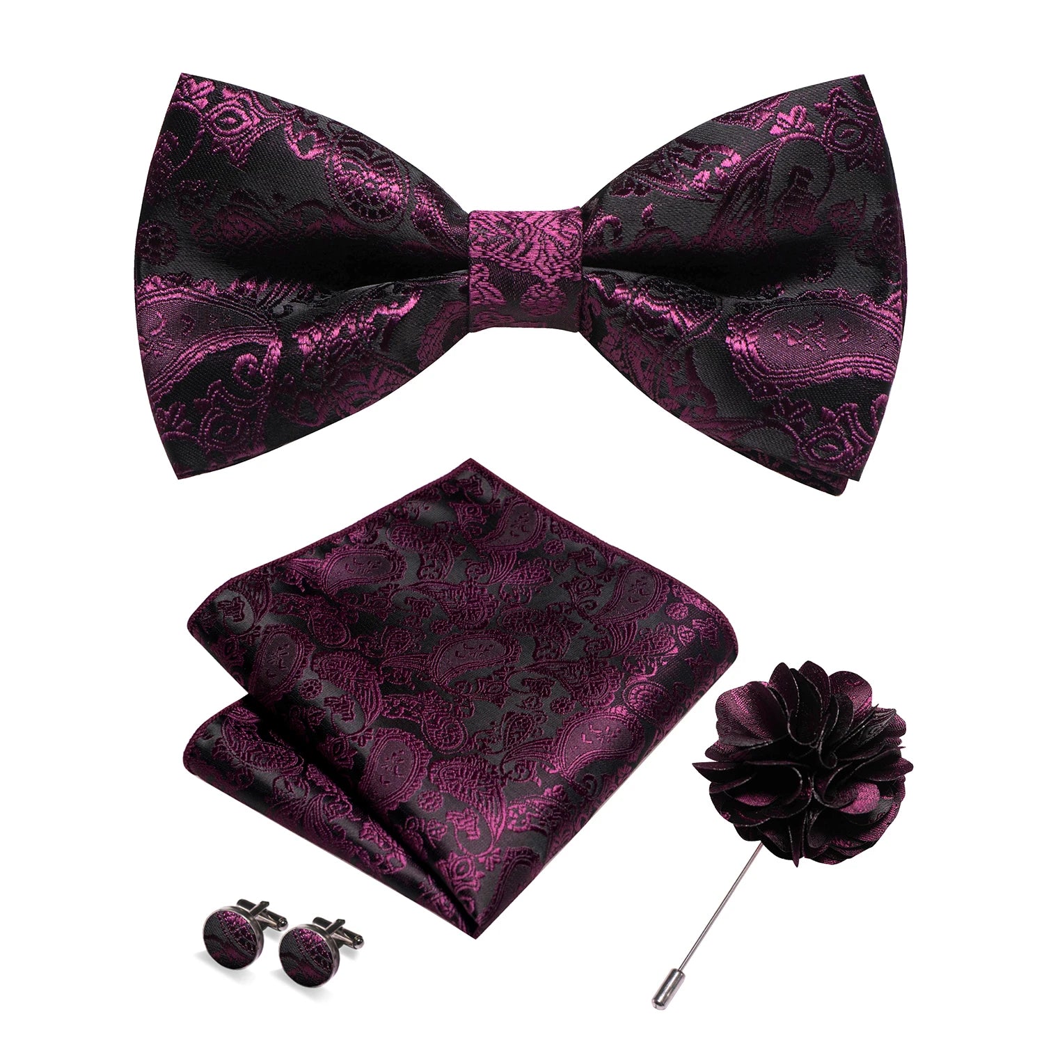 Flugset i siden – paisley med manschettknappar & brosch
