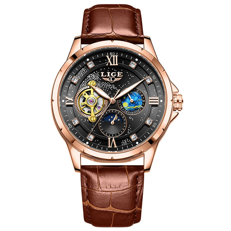 LIGE automatisk herrklocka LG6830 – Skeleton, månfas, läderarmband