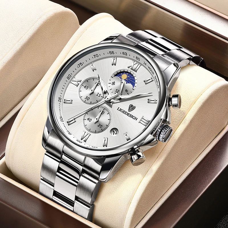 LIGE herrklocka i stål med datum, månfas och vattentålig design
