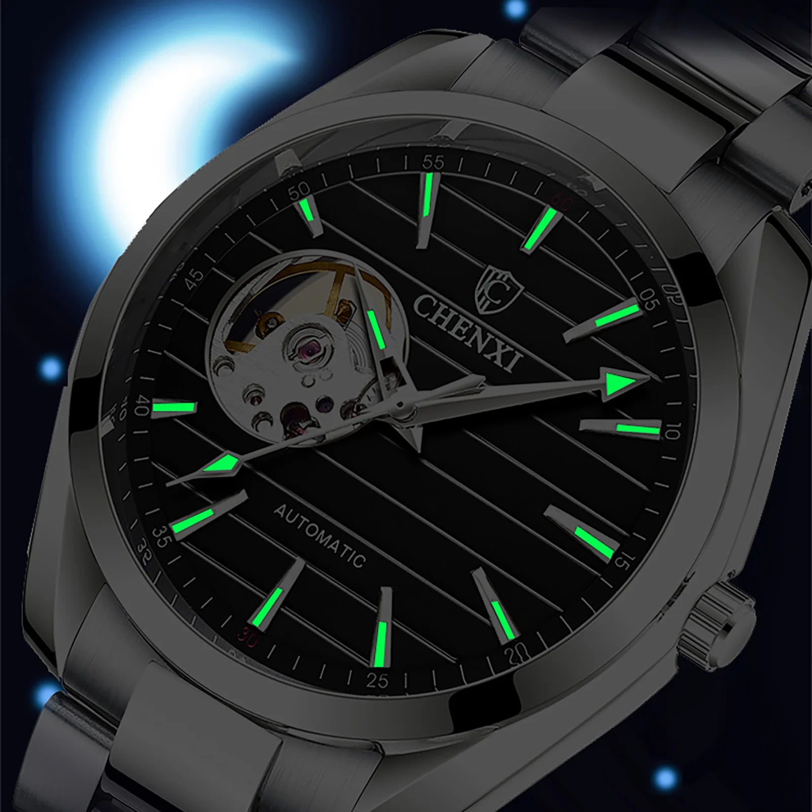 Automatisk mekanisk herrklocka i rostfritt stål – Vattentät & självuppdragande