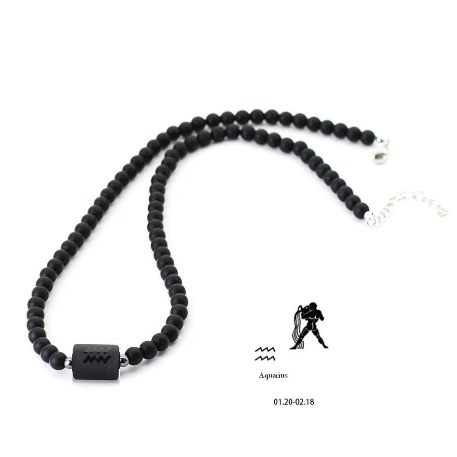 Stenpärlhalsband herr – svart onyx & stjärntecken