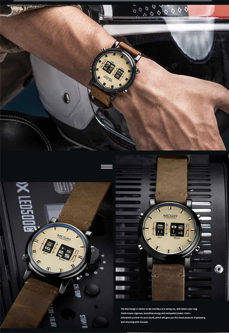 MEGIR Herrklocka – Sportig militärklocka med äkta läderband