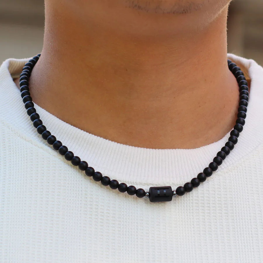 Stenpärlhalsband herr – svart onyx & stjärntecken