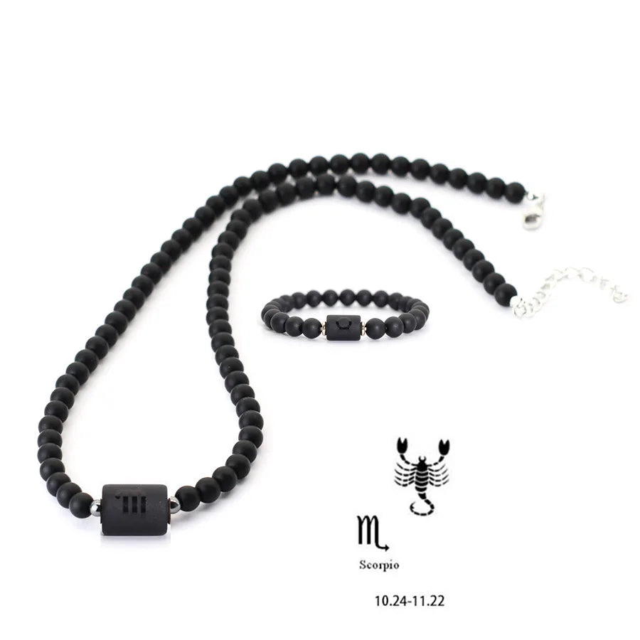 Stenpärlhalsband herr – svart onyx & stjärntecken