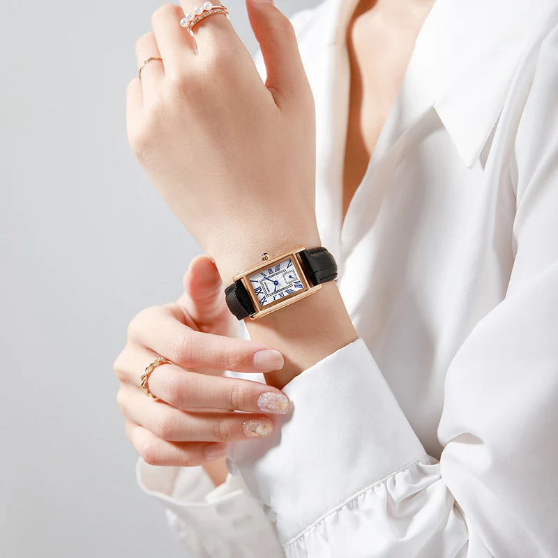 Rektangulär damklocka med läderarmband – Elegant quartzklocka