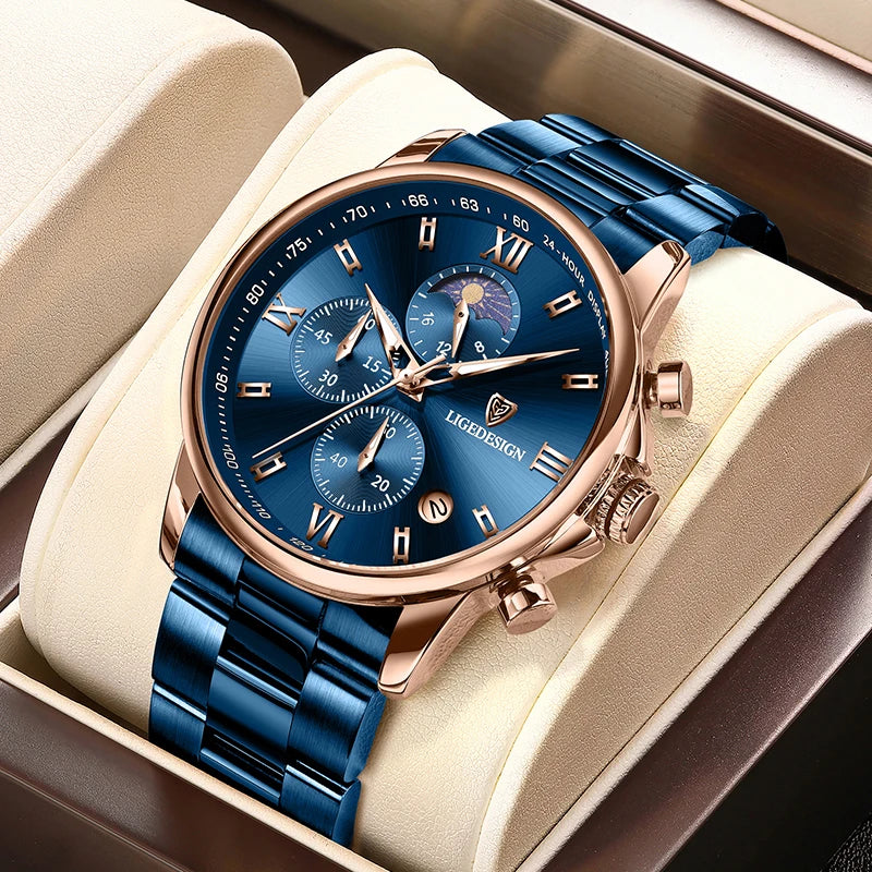 LIGE herrklocka i stål med datum, månfas och vattentålig design