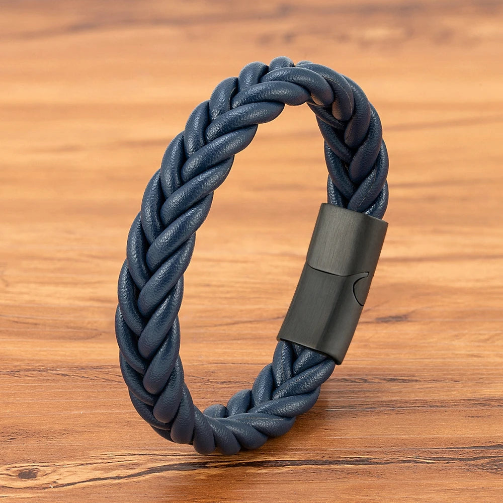 Flätat läderarmband för män med magnetlås – Rostfritt stål