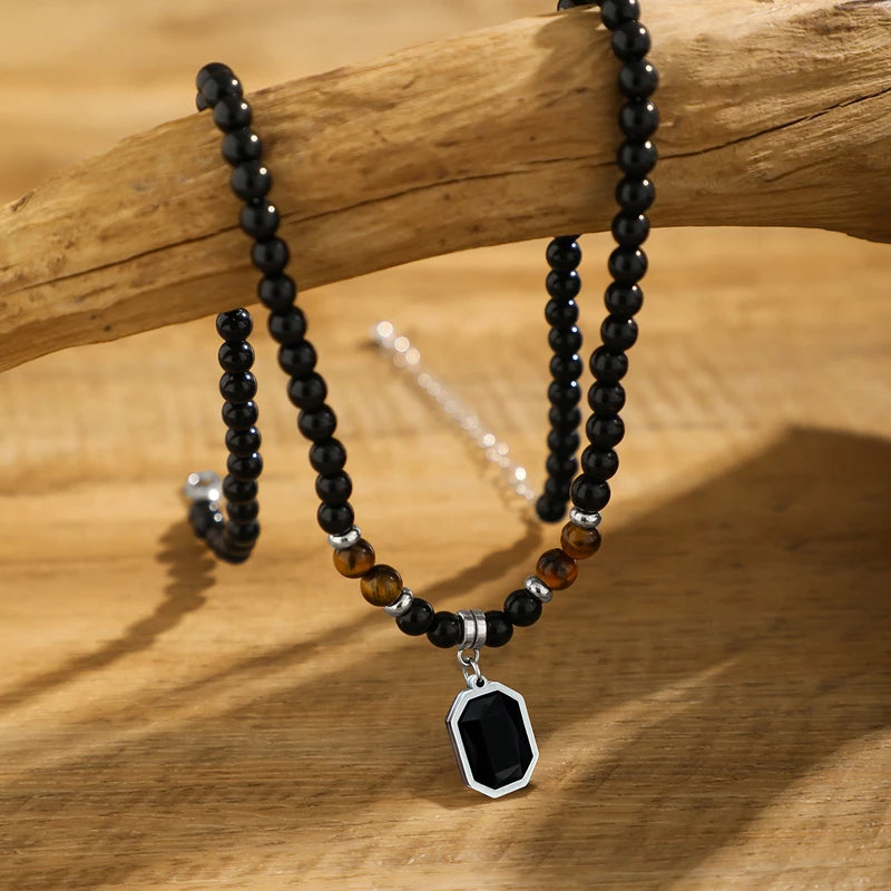 Tigeröga halsband herr – svart sten & geometriskt hänge