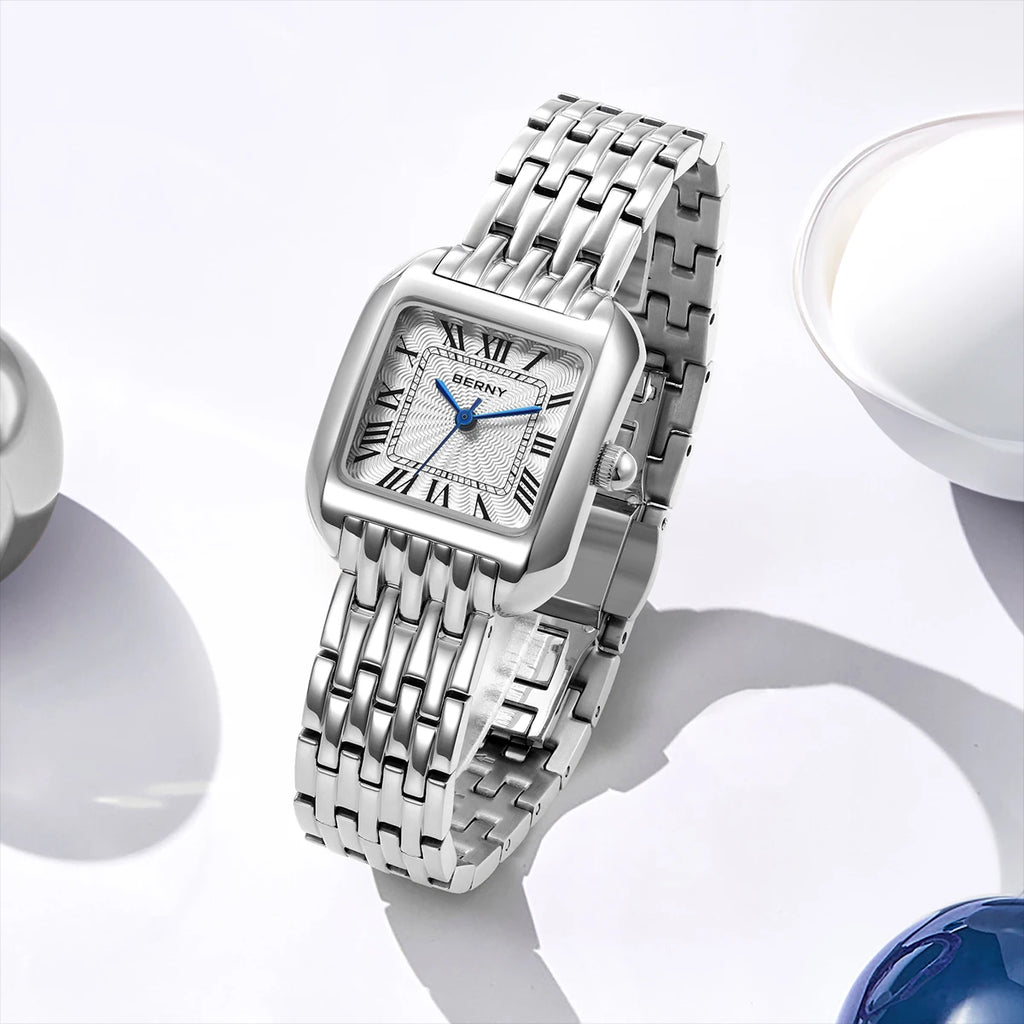 BERNY fyrkantig damklocka i rostfritt stål – elegant quartz