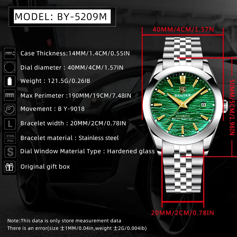 BENYAR Automatisk Herrklocka 40 mm – Sport & dykstil 50M