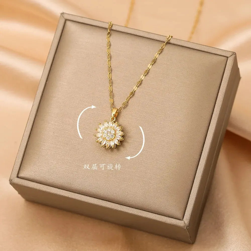 Halsband dam – solros halsband med kristall i rostfritt stål