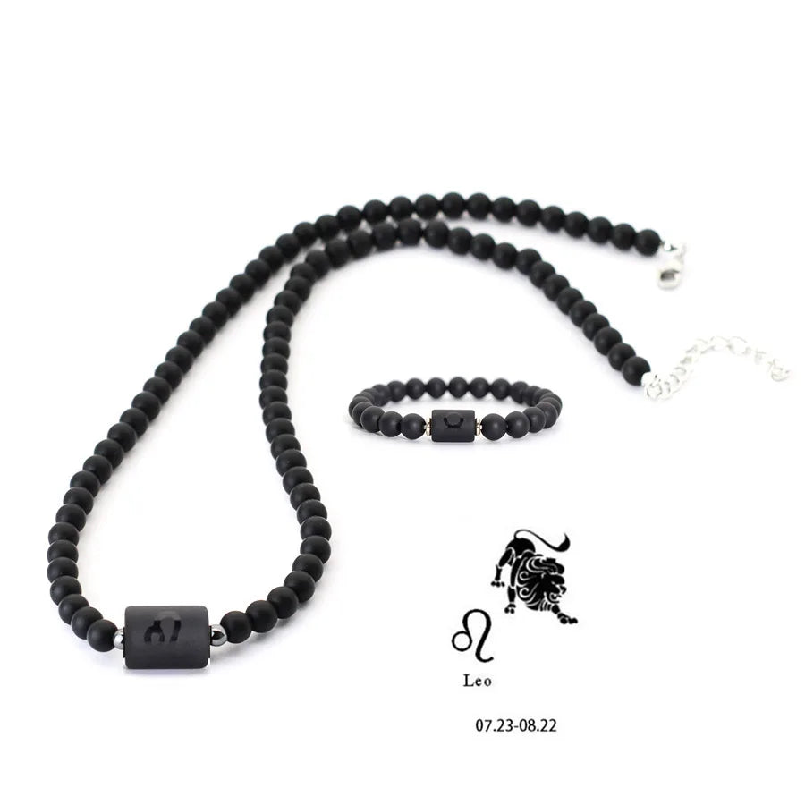 Stenpärlhalsband herr – svart onyx & stjärntecken