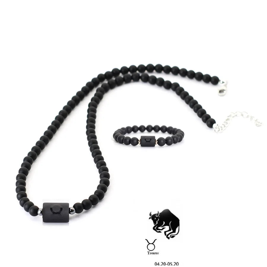 Stenpärlhalsband herr – svart onyx & stjärntecken