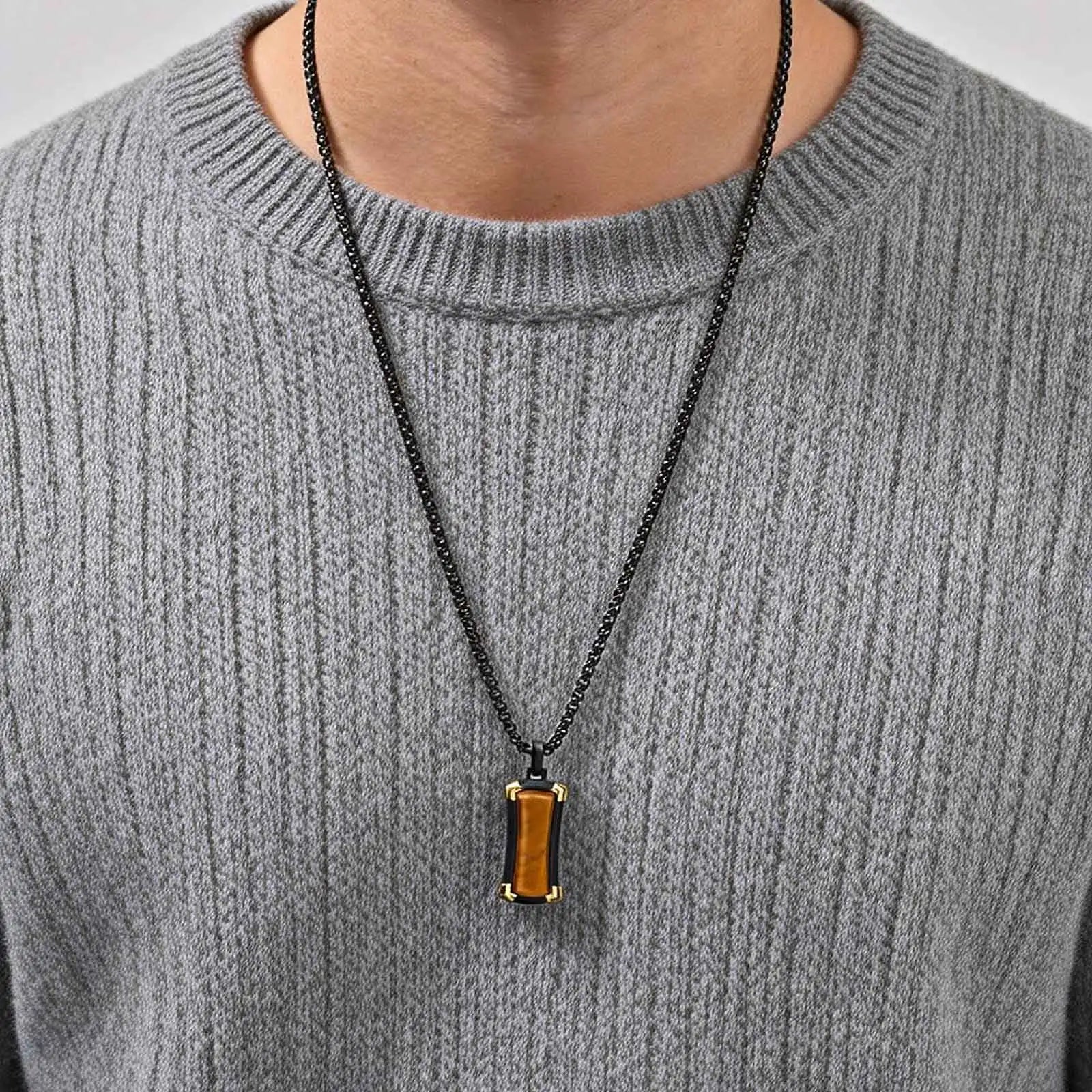 Dog tag halsband herr – svart stål & tigeröga