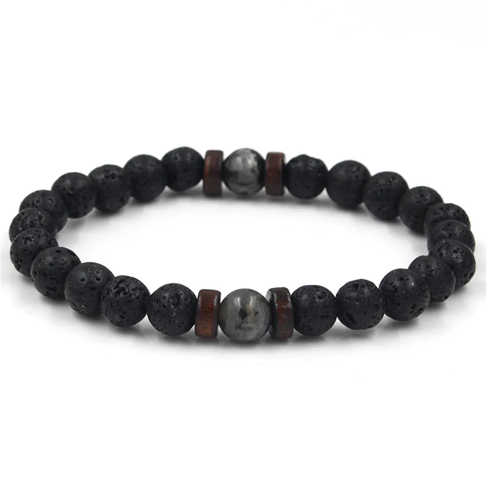 Lavaarmband för män – Vulkansten & träpärlor