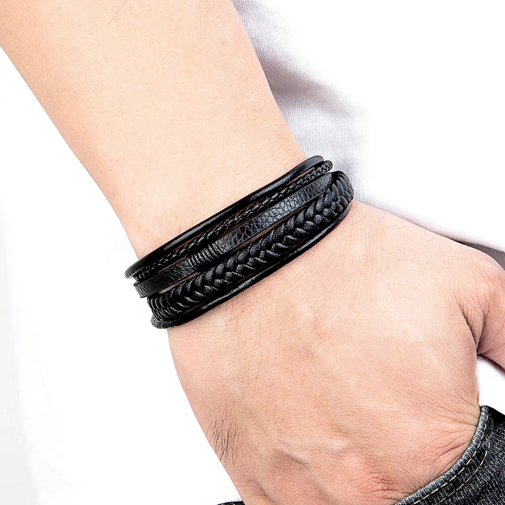 Flätat läderarmband för herr – multilager med rostfritt stål