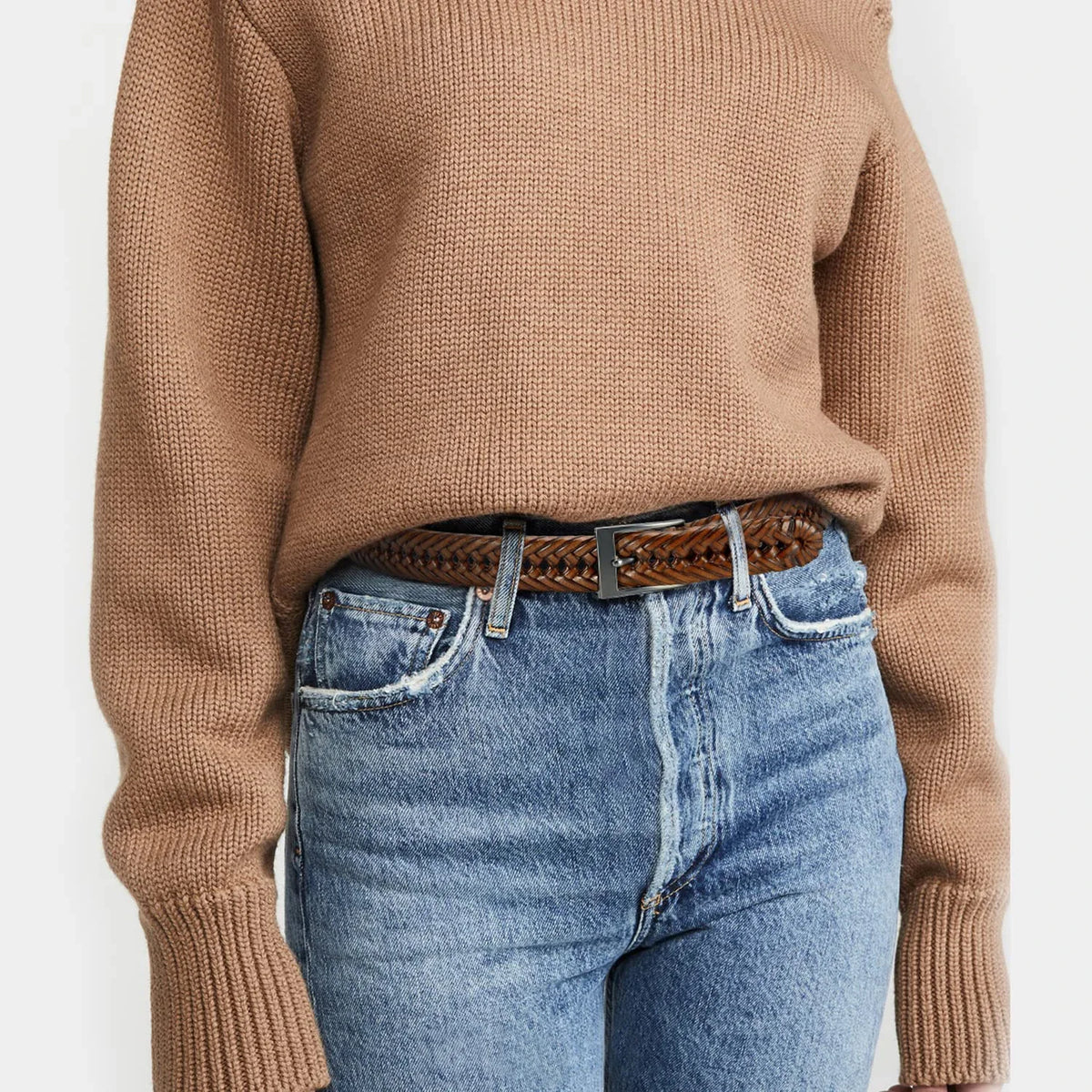 Flätat unisexbälte i koskinn – vintagebälte med metallspänne för jeans