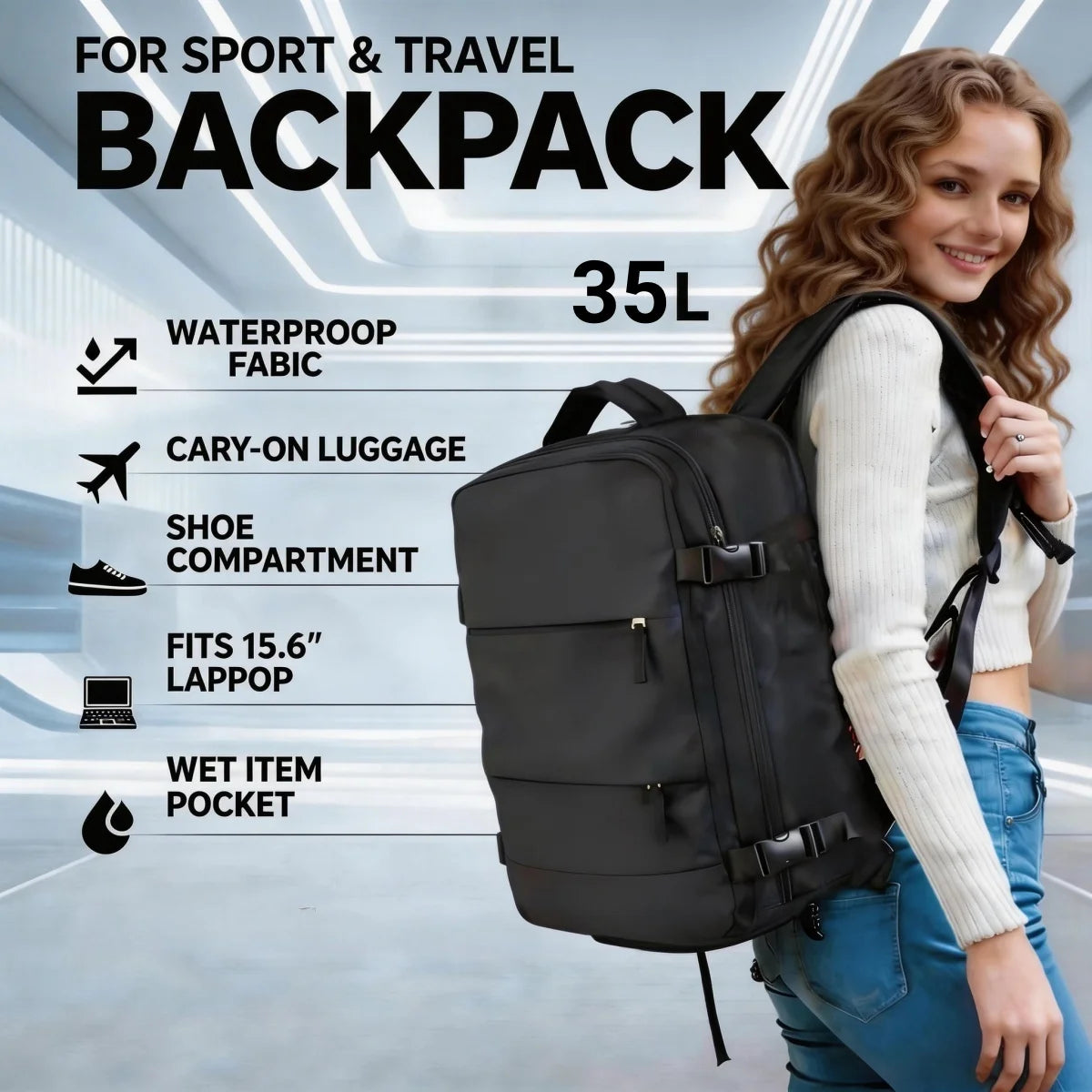 Stor reseryggsäck 35 L med skofack och laptopfack 15,6 tum