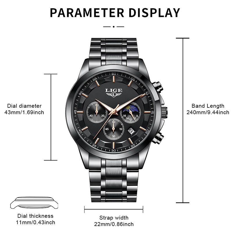 LIGE herrklocka quartz med månfas och datum