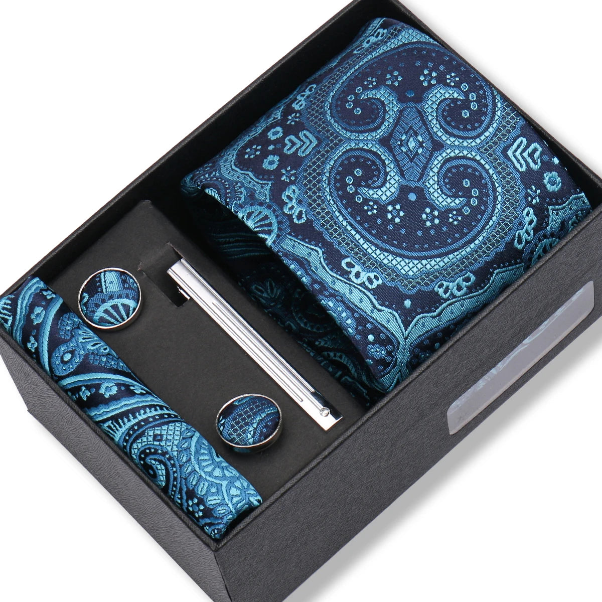 Slipsset herr 8 cm – jacquard slips, näsduk, manschettknappar & slipsnål