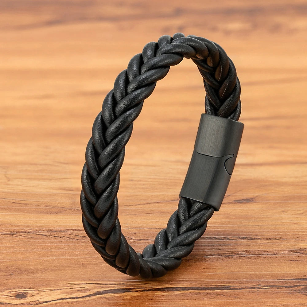 Flätat läderarmband för män med magnetlås – Rostfritt stål