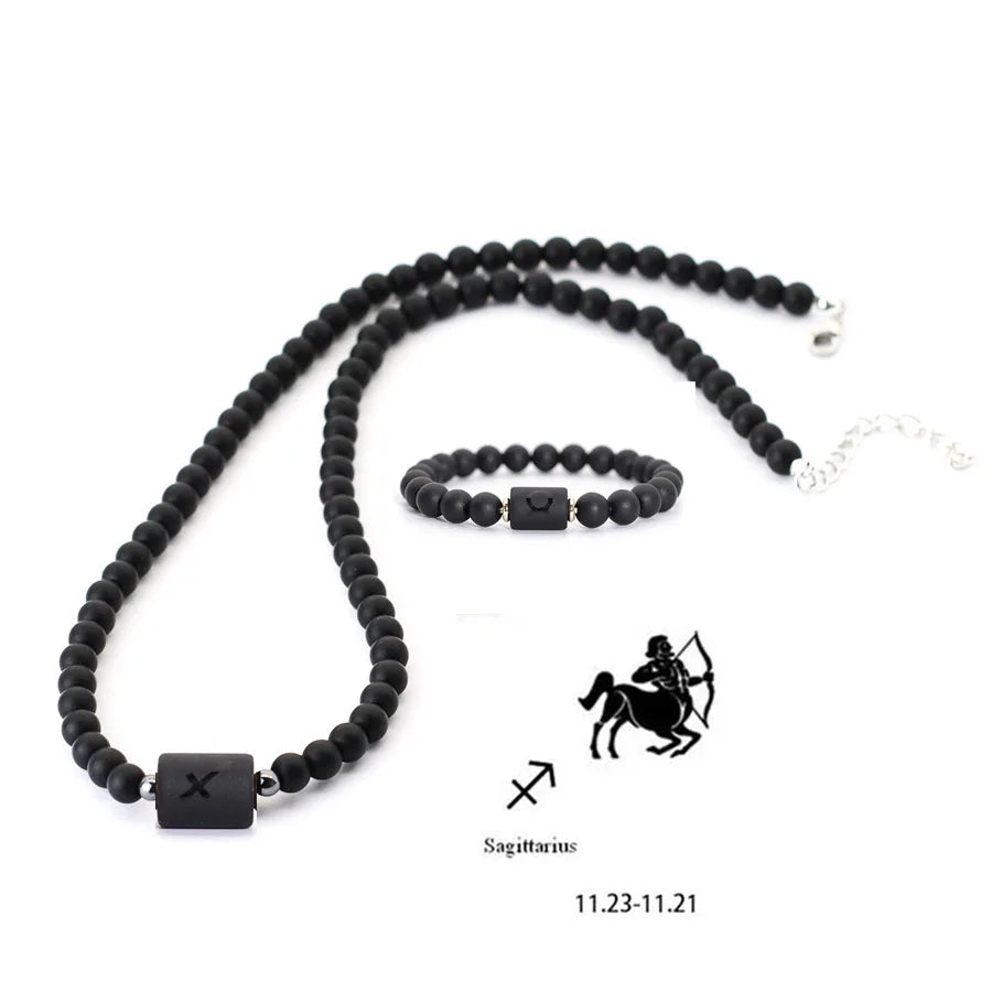 Stenpärlhalsband herr – svart onyx & stjärntecken